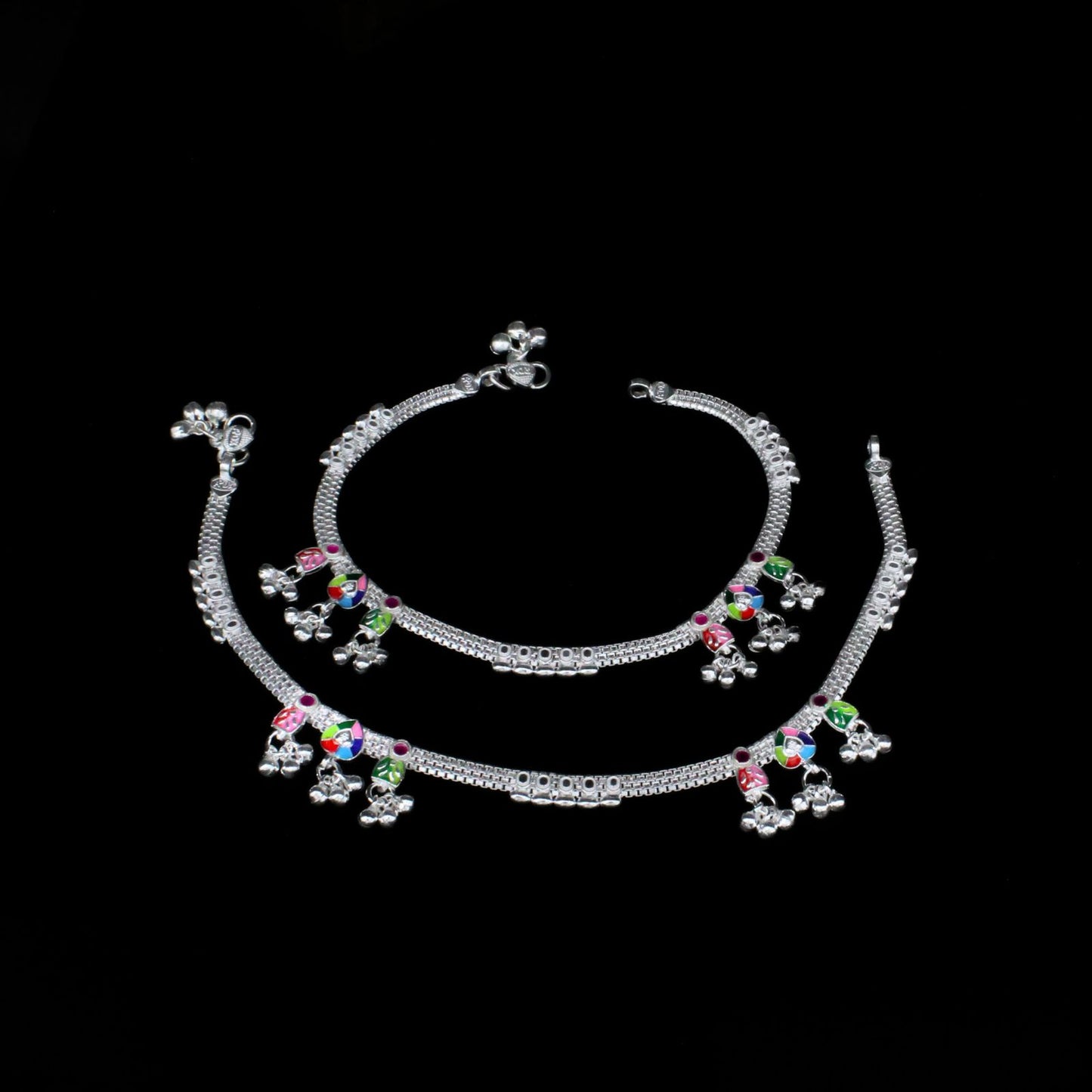 Real Sterling Silver Indian women bridal Anklets Ankle Pair 10.3"