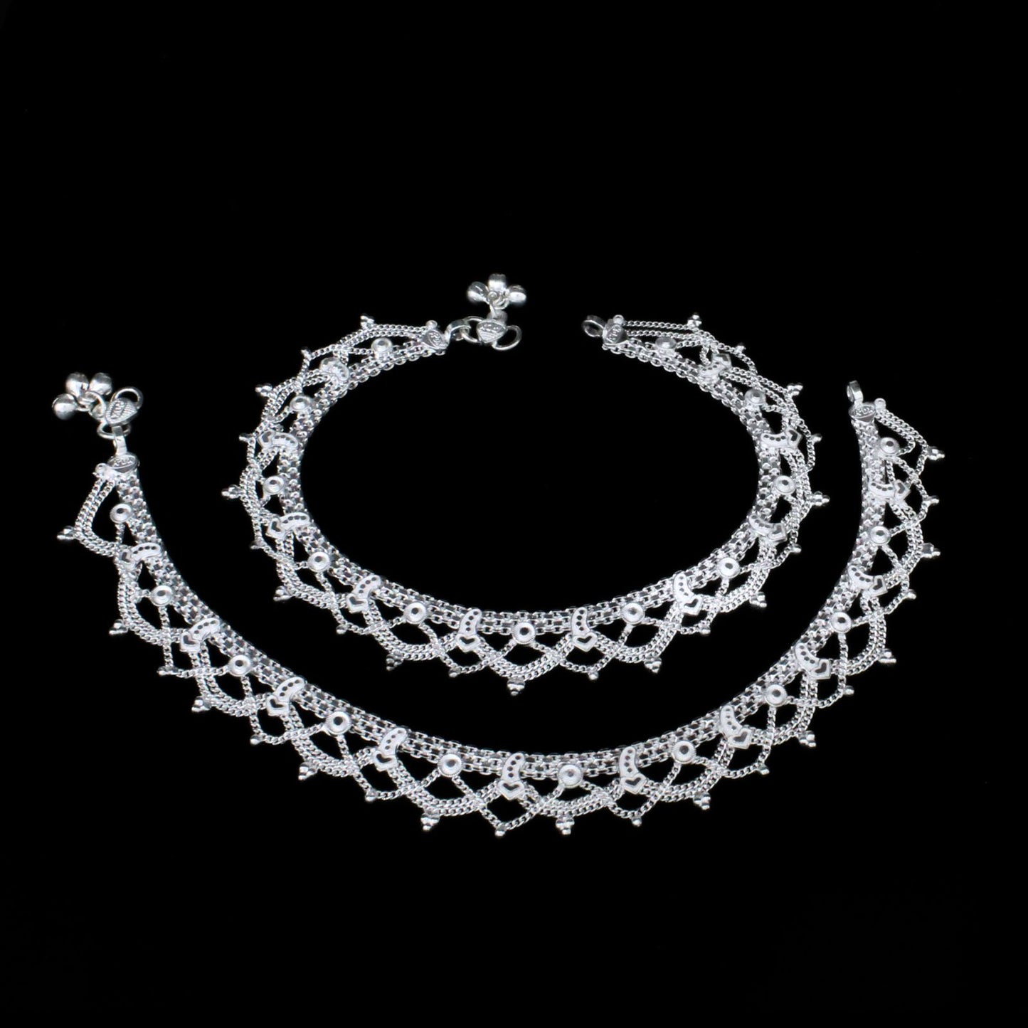 Traditional Real Sterling Silver Indian women Anklets Ankle Pair 10.5"