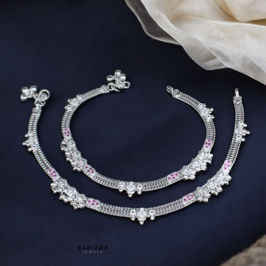 Real Sterling Silver Indian women Bridal Anklets Ankle Pair 10.3"