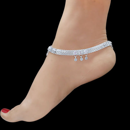 Real Sterling Silver Clear CZ Indian women Anklets Ankle Pair 10.3"