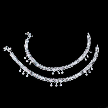 Real Sterling Silver Clear CZ Indian women Anklets Ankle Pair 10.3"