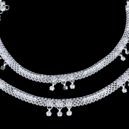 Real Sterling Silver Clear CZ Indian women Anklets Ankle Pair 10.3"