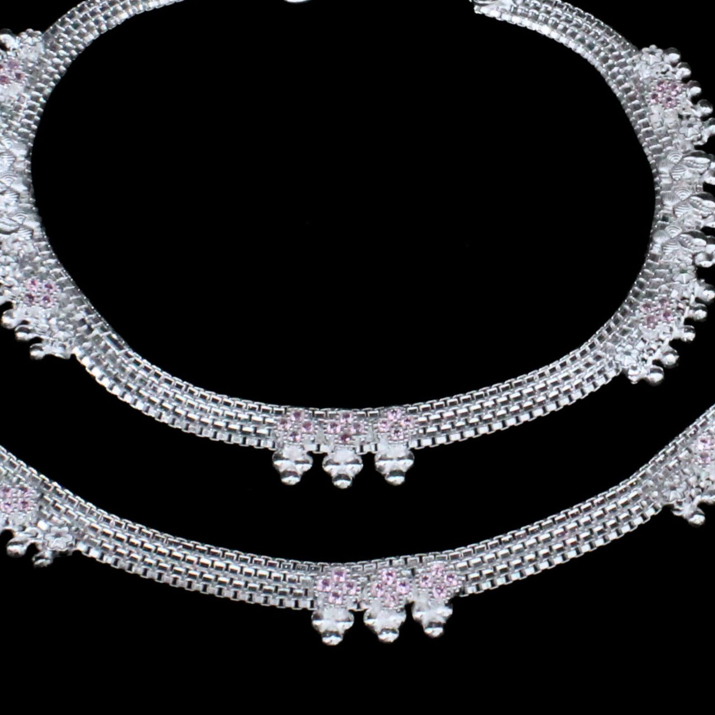 Real Sterling Silver Pink CZ Indian women handmade Anklets Ankle Pair 10.3"