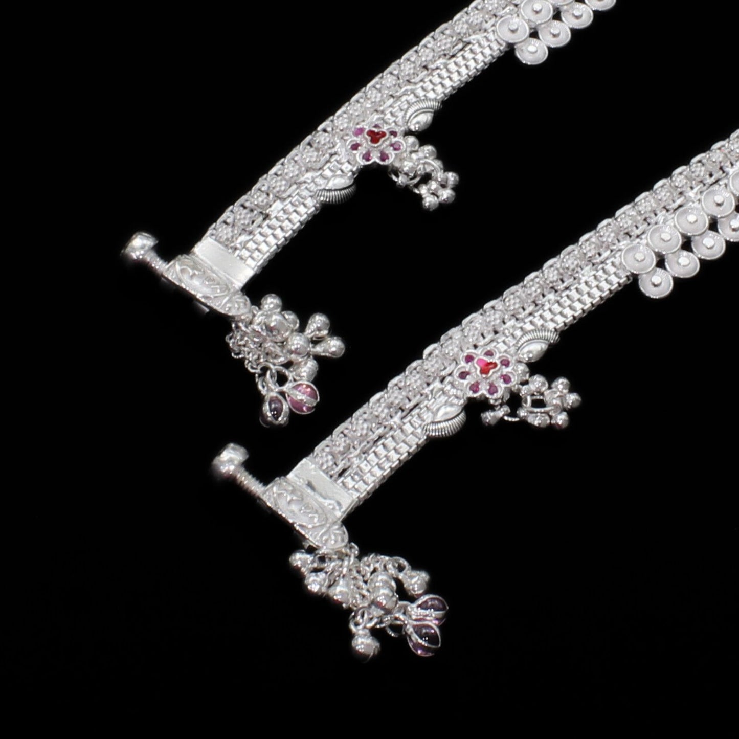 Real Silver Indian women new Bridal style pink CZ Anklets Ankle Pair 10"