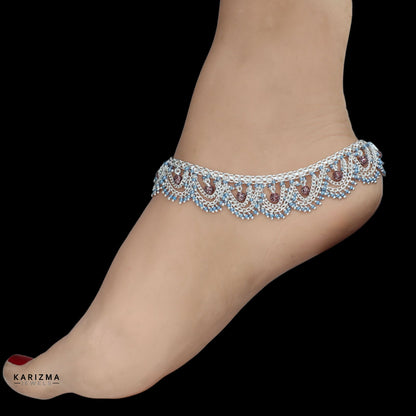 Real Silver Blue Beads Indian women  bridle style jhallar Anklets Ankle Pair 10.5"