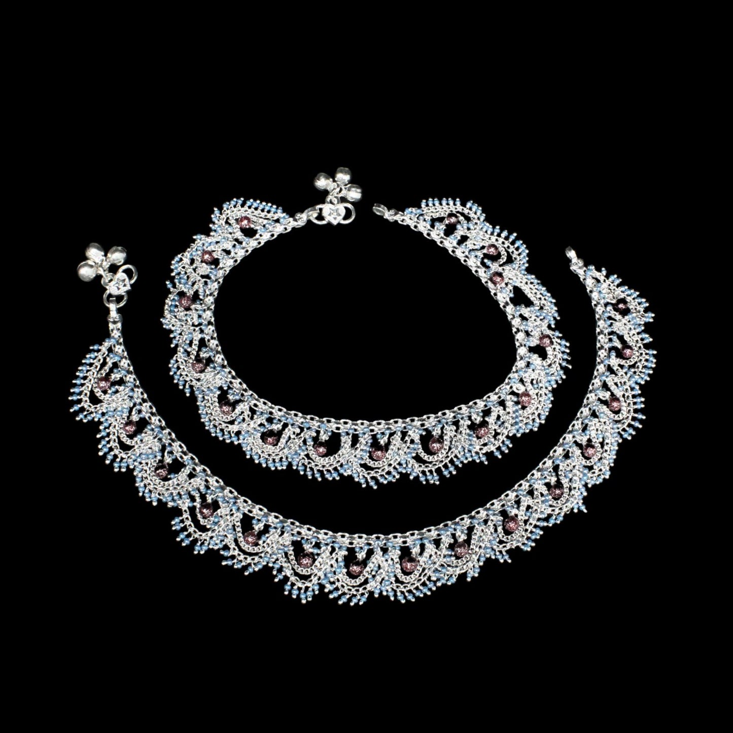 Real Silver Blue Beads Indian women  bridle style jhallar Anklets Ankle Pair 10.5"