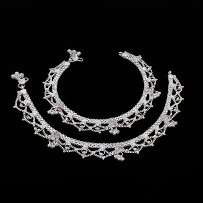 Real Silver Indian women pink CZ Excellent Anklets Ankle Pair 10.3"