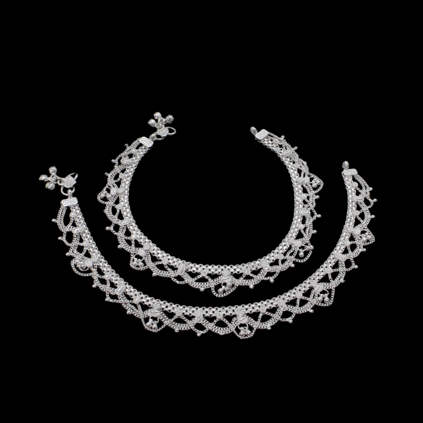 Real Sterling Silver Indian women jhallar party wear Anklets Ankle Pair 10.3"