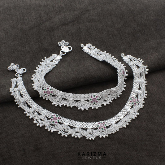 Real Sterling Silver Indian women wedding collection CZ Anklets Ankle Pair 10.5"