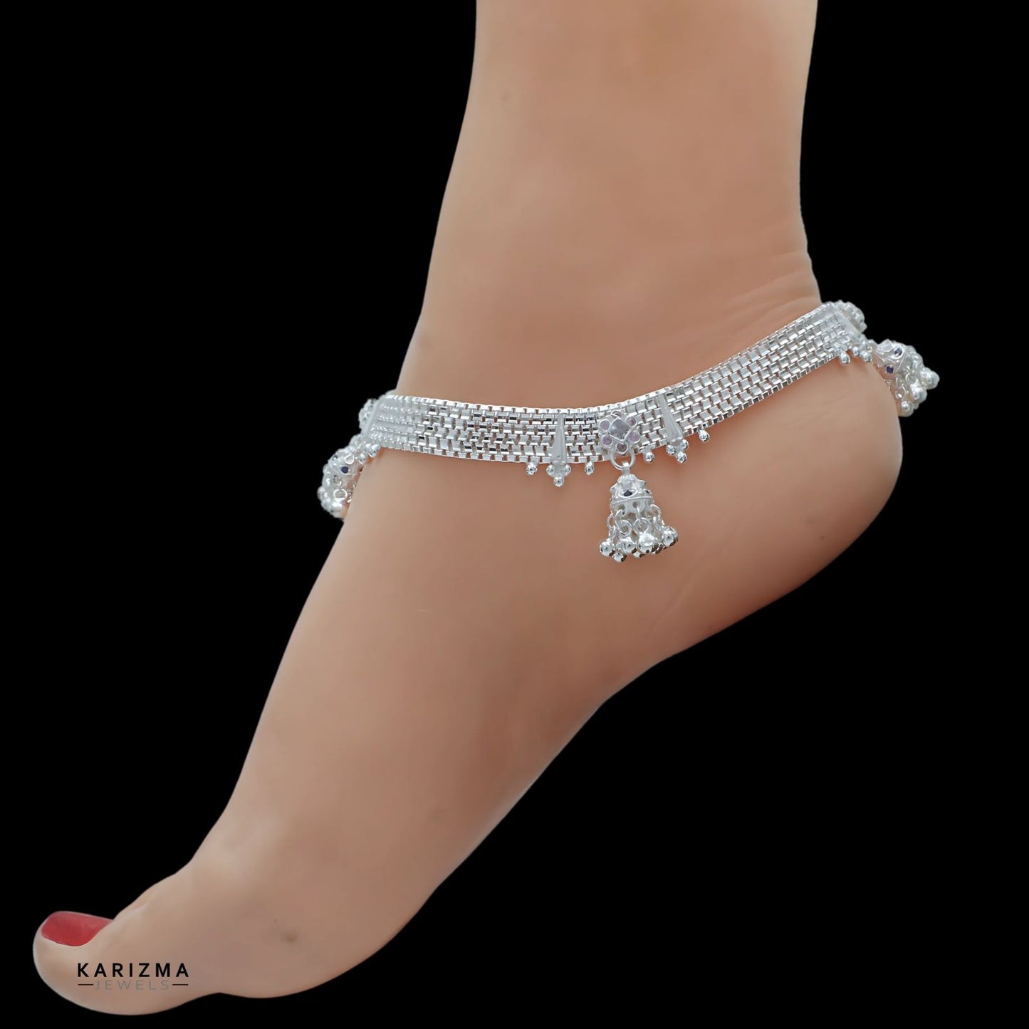 Real Sterling Silver Indian women trendy Bridle wear pink CZ Anklets Ankle Pair 10.5"