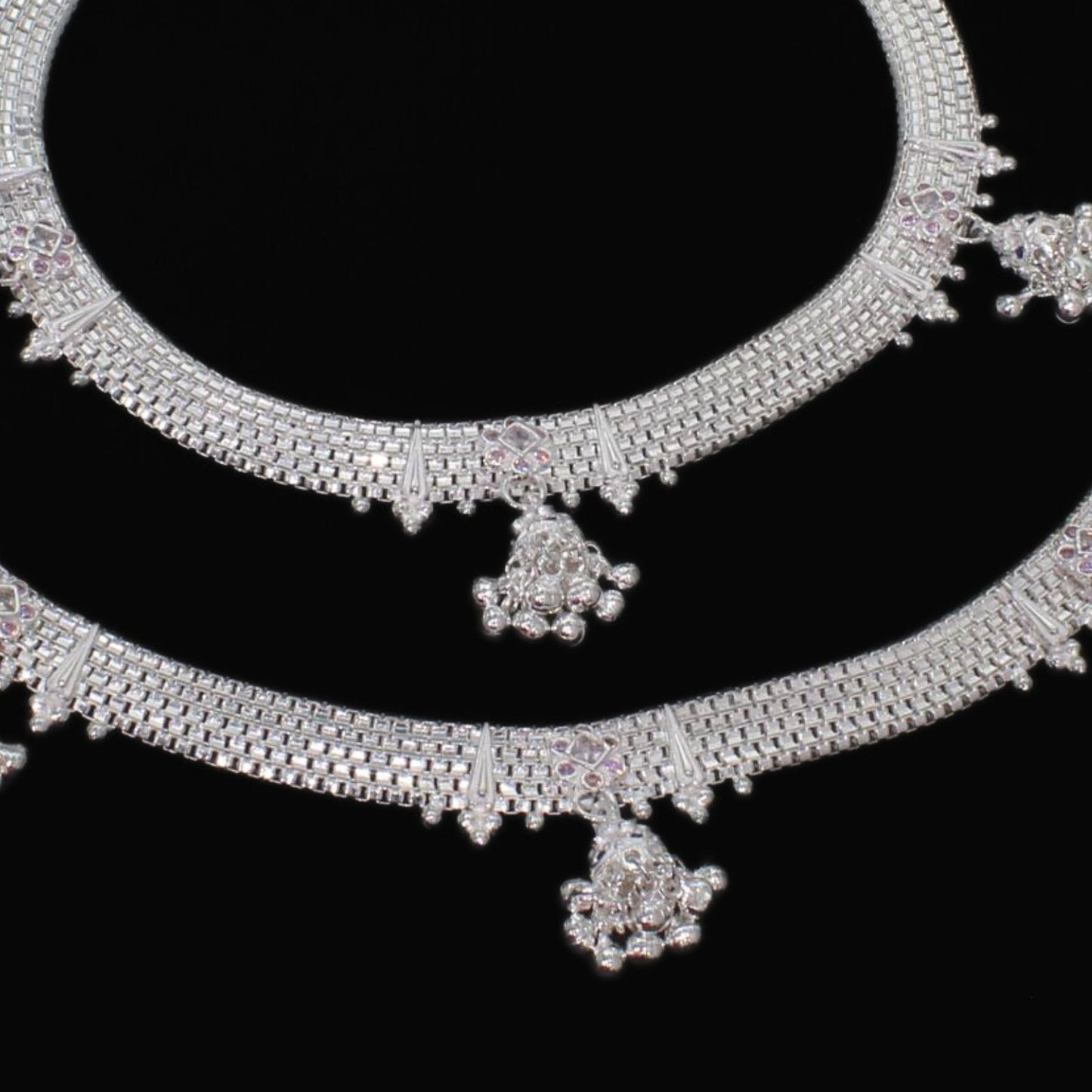 Real Sterling Silver Indian women trendy Bridle wear pink CZ Anklets Ankle Pair 10.5"