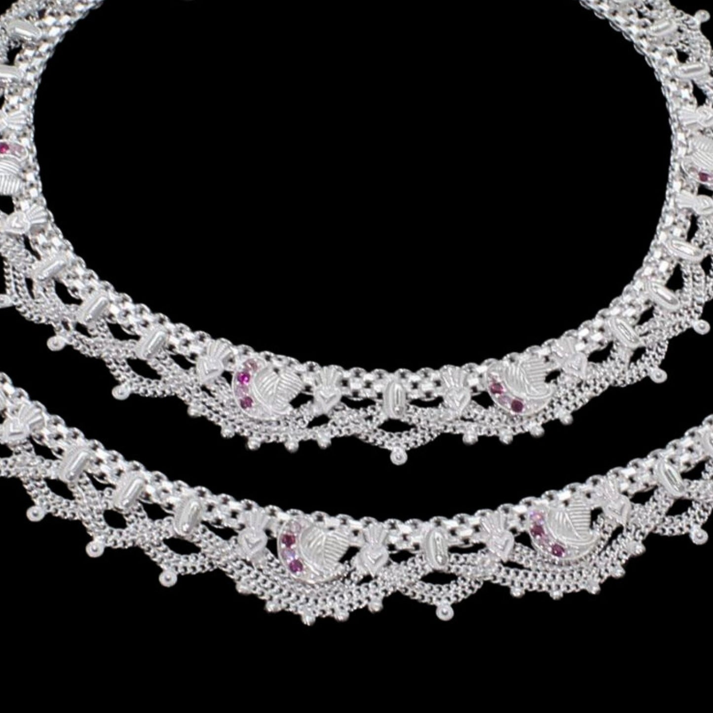 Real Sterling Silver Indian women Pink CZ Excellent Anklets Ankle Pair 10.3"