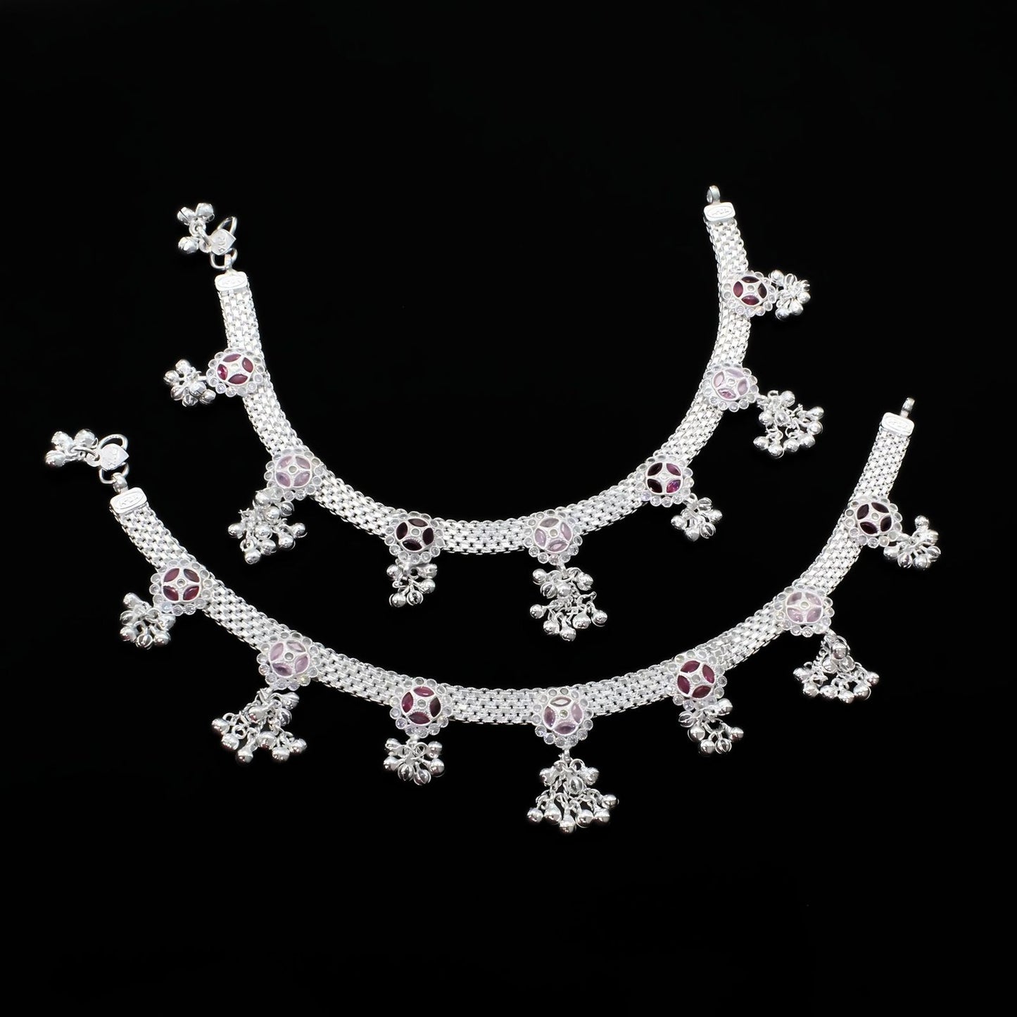 Real Sterling Silver Indian women pink white CZ Bridle Anklets Ankle Pair 10.5"