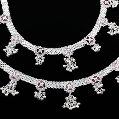 Real Sterling Silver Indian women pink white CZ Bridle Anklets Ankle Pair 10.5"