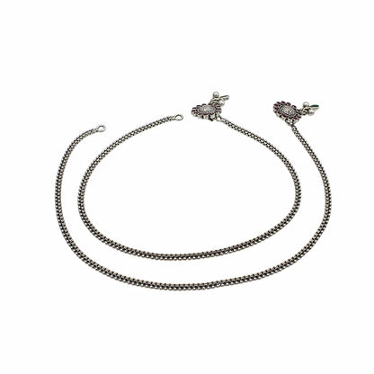 925 Sterling Silver Pink Green CZ Oxidised Beach wear Jhanjhar Anklet Pair 10.3"