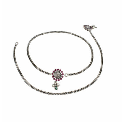 925 Sterling Silver Pink Green CZ Oxidised Beach wear Jhanjhar Anklet Pair 10.3"