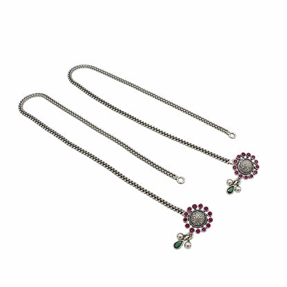 925 Sterling Silver Pink Green CZ Oxidised Beach wear Jhanjhar Anklet Pair 10.3"