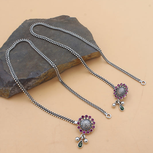 925 Sterling Silver Pink Green CZ Oxidised Beach wear Jhanjhar Anklet Pair 10.3"