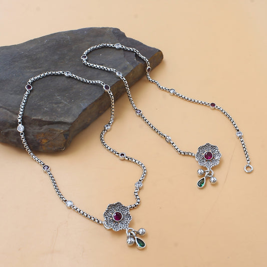 925 Sterling Silver Pink White CZ Oxidised Bezel-Set Payal Anklet Pair 10.3"