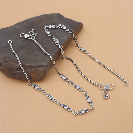 925 Sterling Silver White CZ Oxidised Anklet Payal Pair 10.3"