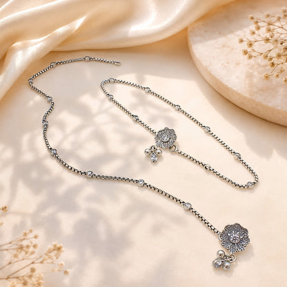 Boho Look 925 Sterling Silver White CZ Oxidised Anklet Pair 10.3"