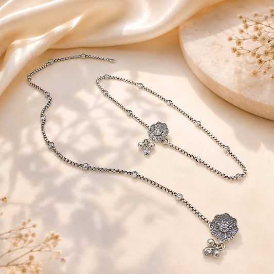 Boho Look 925 Sterling Silver White CZ Oxidised Anklet Pair 10.3"
