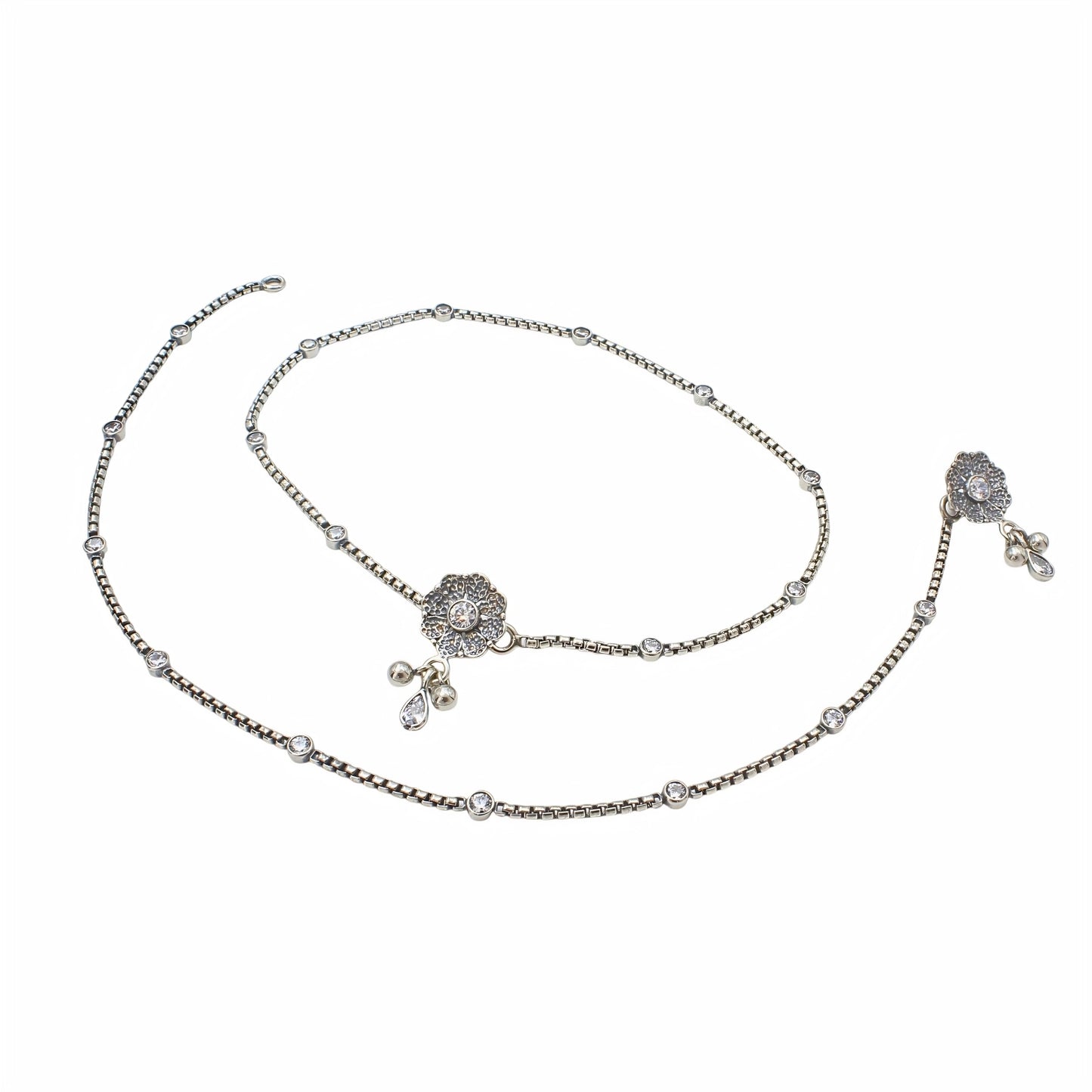 Boho Look 925 Sterling Silver White CZ Oxidised Anklet Pair 10.3"