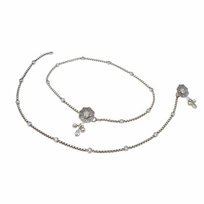 Boho Look 925 Sterling Silver White CZ Oxidised Anklet Pair 10.3"