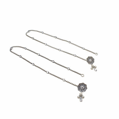 Boho Look 925 Sterling Silver White CZ Oxidised Anklet Pair 10.3"