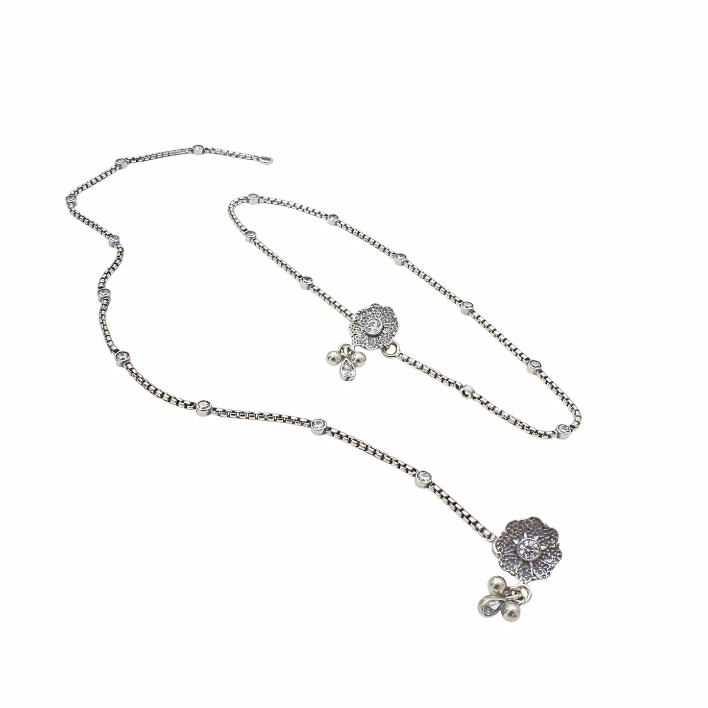 Boho Look 925 Sterling Silver White CZ Oxidised Anklet Pair 10.3"