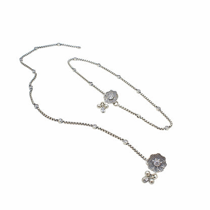 Boho Look 925 Sterling Silver White CZ Oxidised Anklet Pair 10.3"