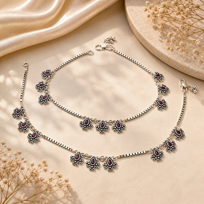 925 Sterling Silver Pink CZ Oxidised Peacock Feather Design Jhanjhar Anklet Pair 10.3"