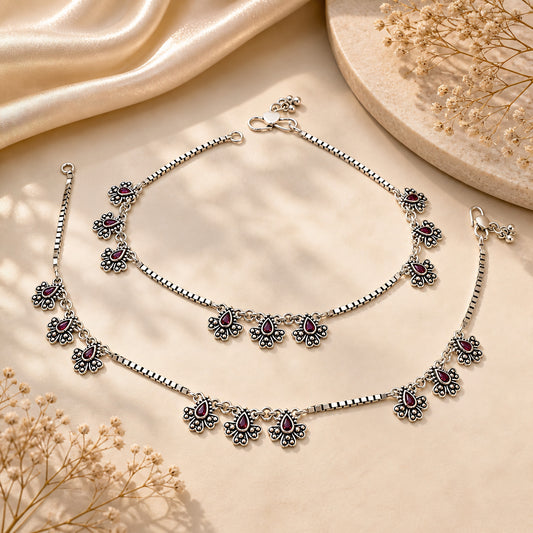 925 Sterling Silver Pink CZ Oxidised Peacock Feather Design Jhanjhar Anklet Pair 10.3"