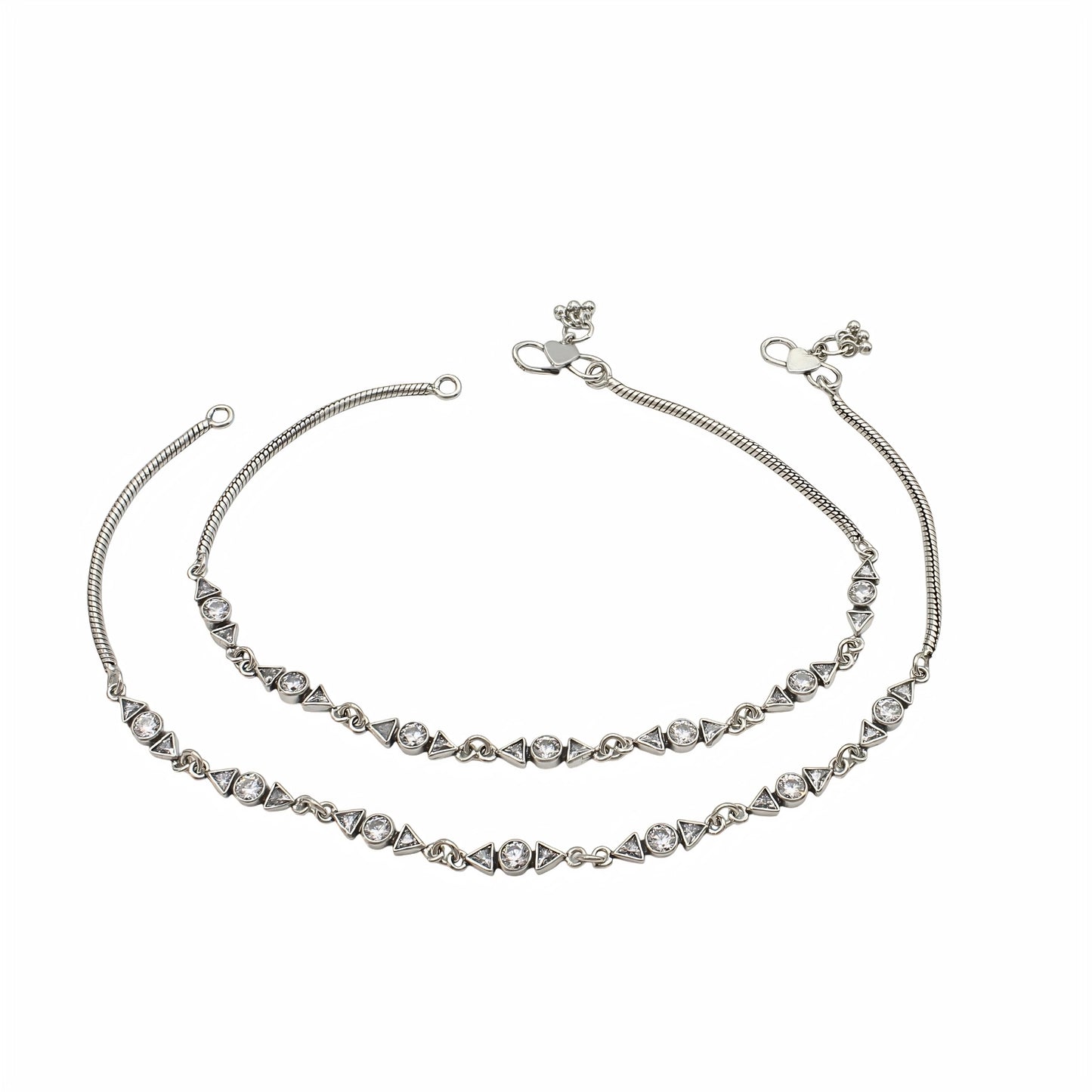 925 Sterling Silver White CZ Oxidised Anklet Payal Pair 10.3"