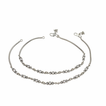 925 Sterling Silver White CZ Oxidised Anklet Payal Pair 10.3"