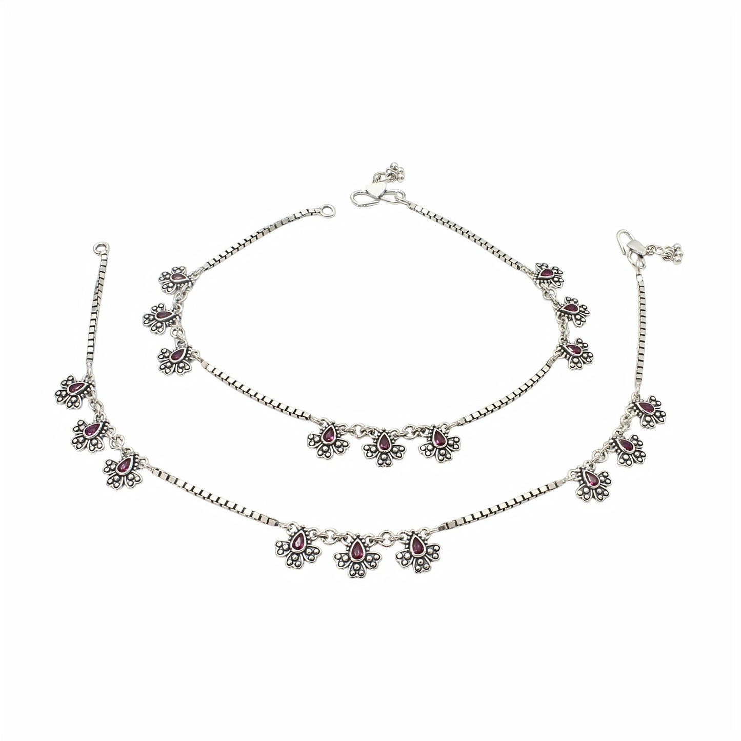 925 Sterling Silver Pink CZ Oxidised Peacock Feather Design Jhanjhar Anklet Pair 10.3"