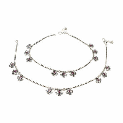925 Sterling Silver Pink CZ Oxidised Peacock Feather Design Jhanjhar Anklet Pair 10.3"