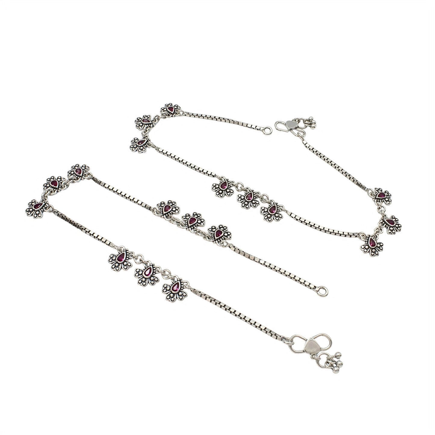 925 Sterling Silver Pink CZ Oxidised Peacock Feather Design Jhanjhar Anklet Pair 10.3"