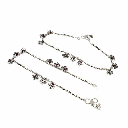 925 Sterling Silver Pink CZ Oxidised Peacock Feather Design Jhanjhar Anklet Pair 10.3"