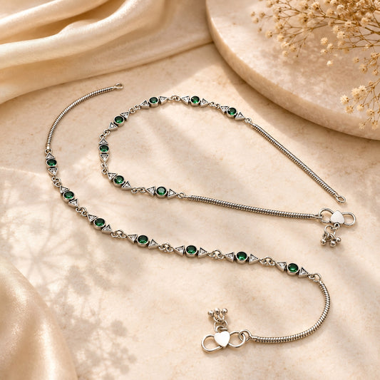 Boho Look 925 Sterling Silver Green White CZ Oxidised Snake-Link Anklet Pair 10.3"
