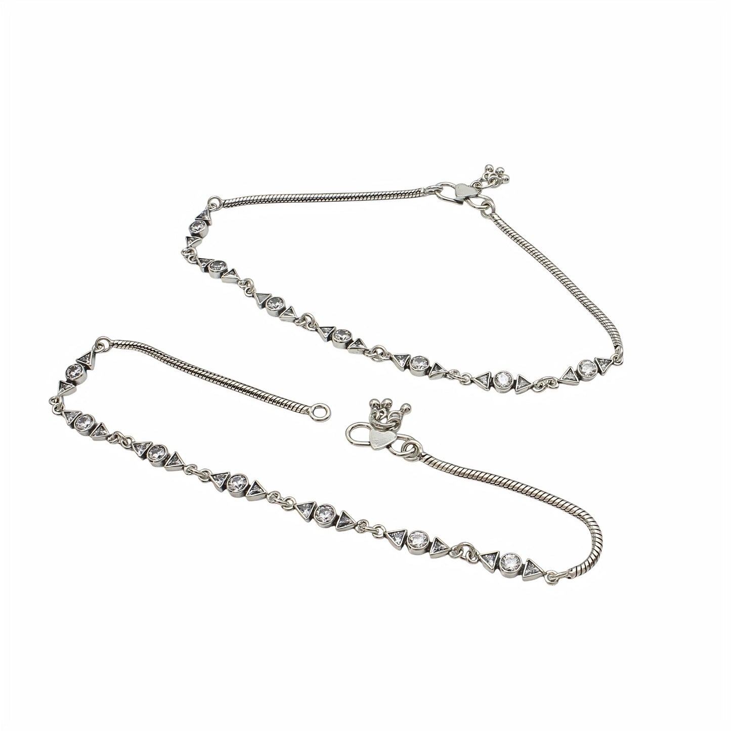 925 Sterling Silver White CZ Oxidised Anklet Payal Pair 10.3"