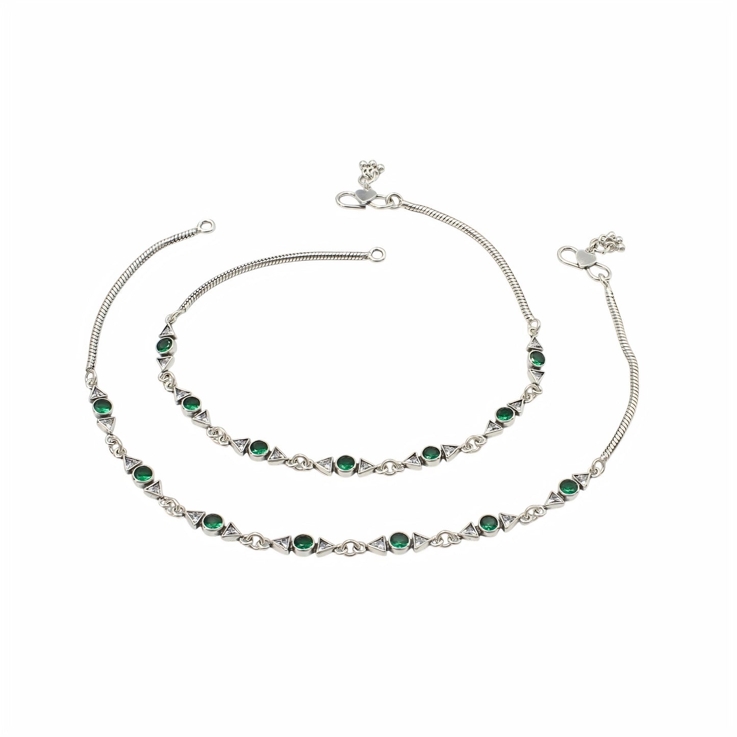 Boho Look 925 Sterling Silver Green White CZ Oxidised Snake-Link Anklet Pair 10.3"