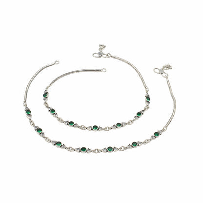 Boho Look 925 Sterling Silver Green White CZ Oxidised Snake-Link Anklet Pair 10.3"