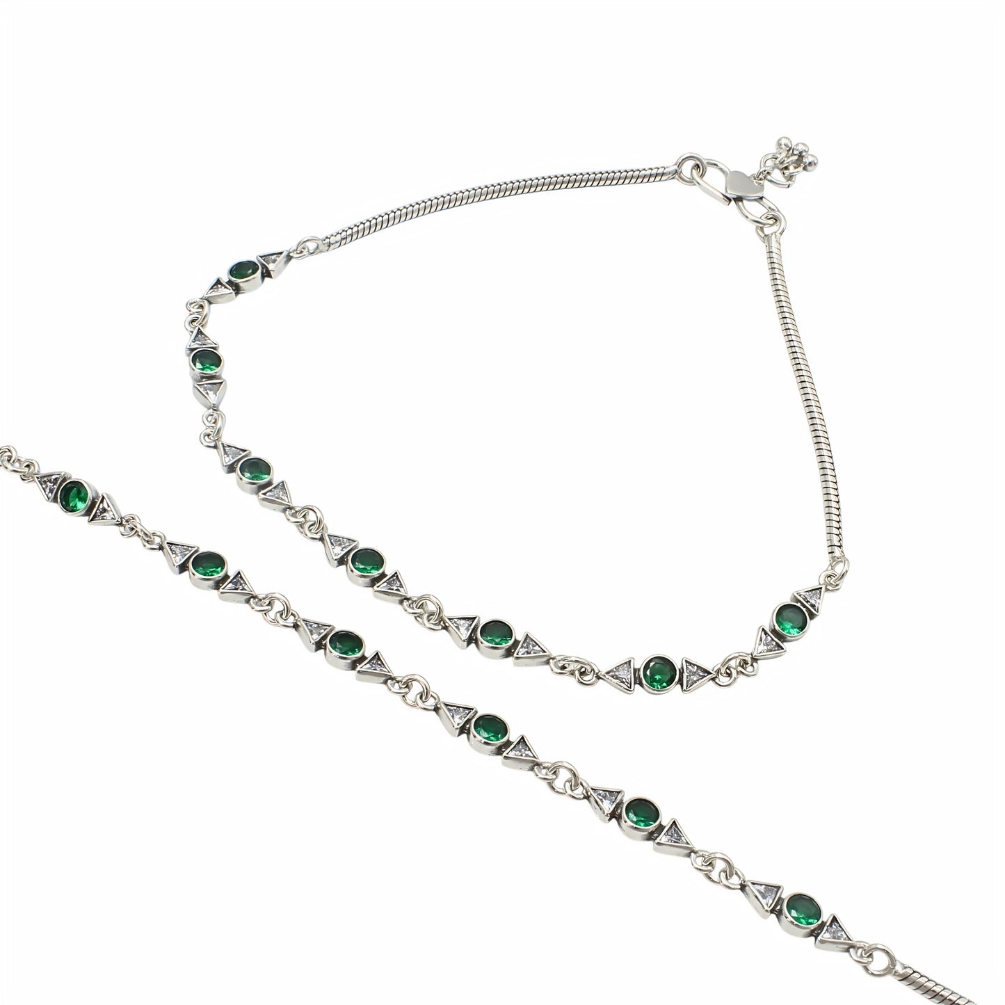 Boho Look 925 Sterling Silver Green White CZ Oxidised Snake-Link Anklet Pair 10.3"