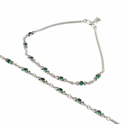 Boho Look 925 Sterling Silver Green White CZ Oxidised Snake-Link Anklet Pair 10.3"