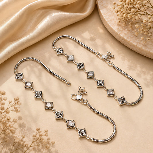 925 Sterling Silver White CZ Oxidised Floral stone-studded Payal Anklet Pair 10"