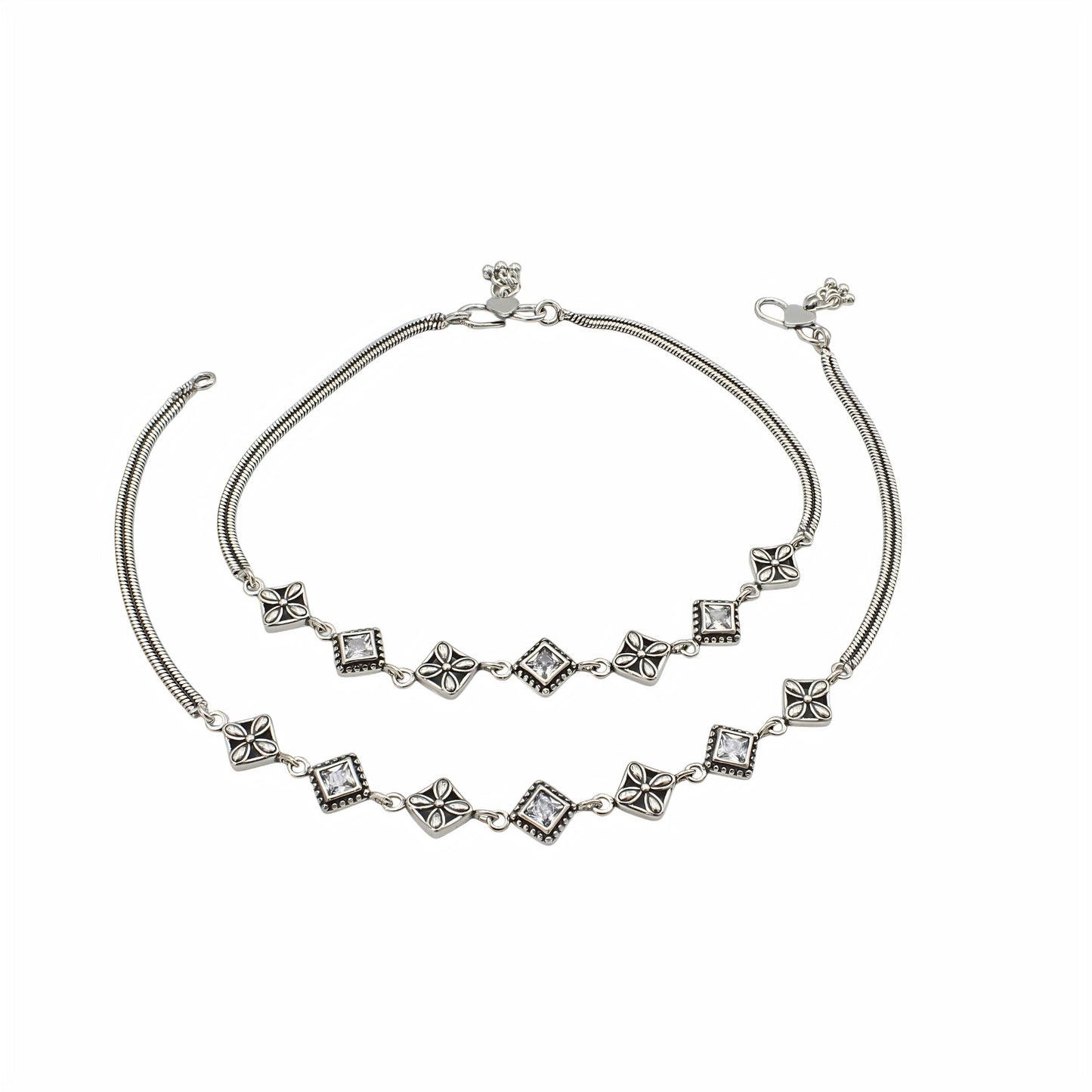 925 Sterling Silver White CZ Oxidised Floral stone-studded Payal Anklet Pair 10"