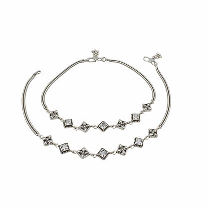 925 Sterling Silver White CZ Oxidised Floral stone-studded Payal Anklet Pair 10"