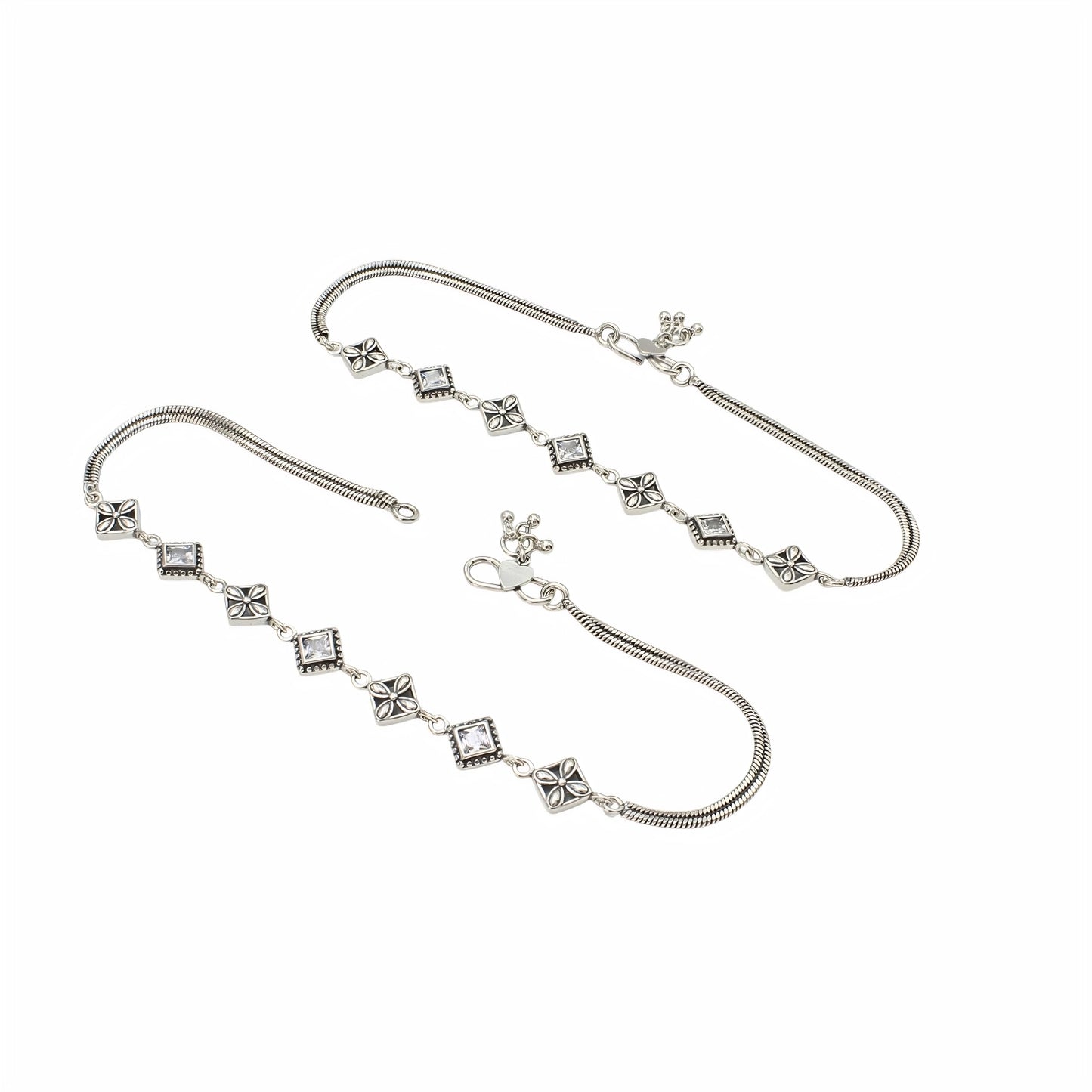 925 Sterling Silver White CZ Oxidised Floral stone-studded Payal Anklet Pair 10"