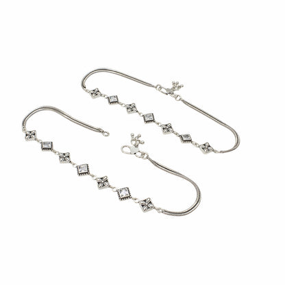 925 Sterling Silver White CZ Oxidised Floral stone-studded Payal Anklet Pair 10"